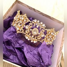 Made With Real Crystals. Elegant Crystal Crown For Party, Elegant Crystal Crown For Wedding, Elegant Gold Crown With Pinched Shape, Elegant Gold Crown With Structured Shape, Elegant Gold Wedding Crown, Elegant Gold Crown With Rhinestones, Regal Gold Crown For Wedding, Regal Gold Wedding Crown, Tiara Gold