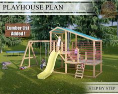 a wooden play house with slide and swings