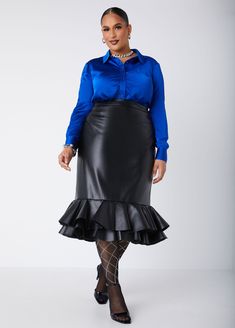 The cut of your favorite shirt with the softness of a blouse, this ruched satin shirt can be styled with jeans for an upscale, casual vibe or with a skirt for feminine allure. Fashion For Plus Size Women, Fashion For Plus Size, Black Dress Work, Satin Shirts, Red Holiday Dress, Faux Leather Midi Skirt, Leather Midi Skirt, Midi Dress Casual, Satin Shirt