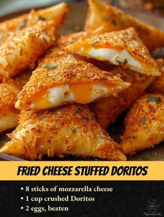 fried cheese stuffed doritos stacked on top of each other in a plate with text overlay