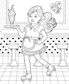 a girl in a kitchen holding a tray with an ice cream sundae on it