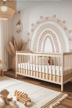 a baby's room with a white rug and wooden crib in the middle