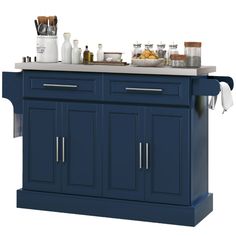 a blue kitchen island with white marble top and stainless steel pulls on the bottom shelf