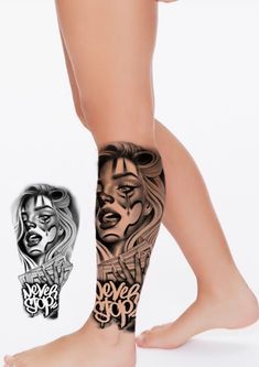 a woman's legs with tattoos on them