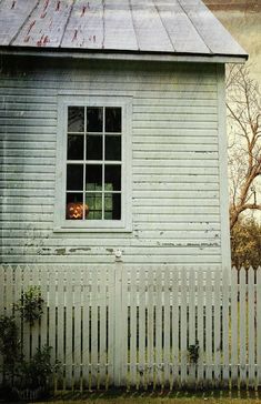 an old white house with a cat looking out the window