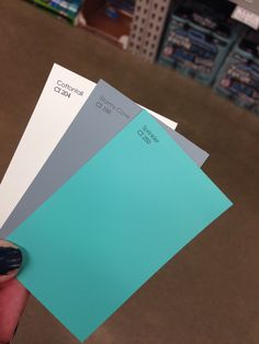 a person holding three different color swatches in their left hand and the other two are blue