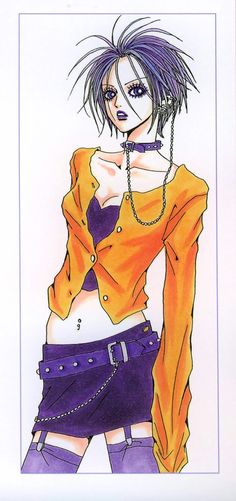 a drawing of a woman with purple hair and piercings on her head, wearing an orange shirt