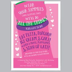 a pink poster with words on it that say, wear your jammies and we'll do all the things kid love to do