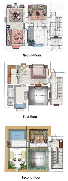 the floor plan for a house with two floors and three levels, in different colors