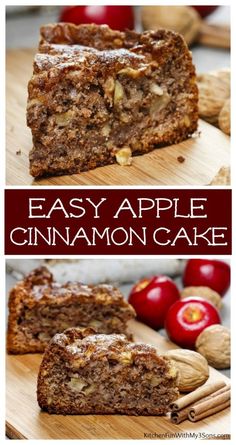 an easy apple cinnamon cake is cut in half and ready to be eaten