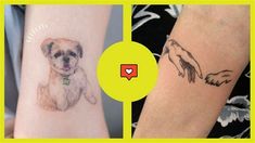 two different tattoos with hands and a dog on the left side of each arm, one is