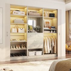 an open closet with clothes and shoes on it in a room next to a bed