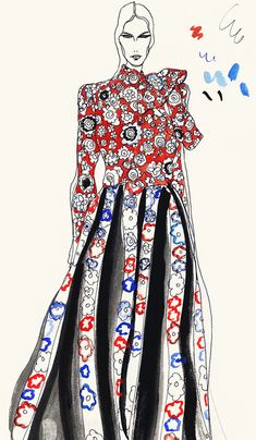 a drawing of a woman's dress with red, white and blue designs on it