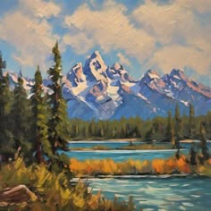 an oil painting of mountains and trees by the water