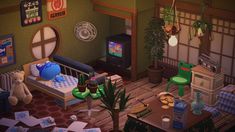 an animated image of a living room in the style of animal crossing, with furniture and decorations