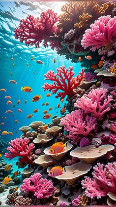 an underwater scene with corals and fish