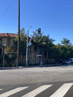 an empty street with palm trees and houses in the background