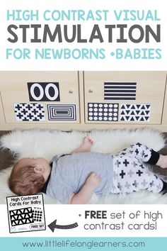 a baby laying on top of a white rug in front of a cabinet with text overlay