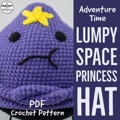 a purple crochet hat with a yellow bow on it and the words lumpy space princess hat