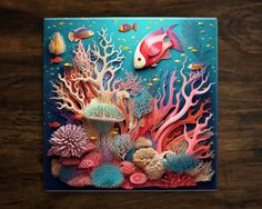 a card with an image of corals and fish on it