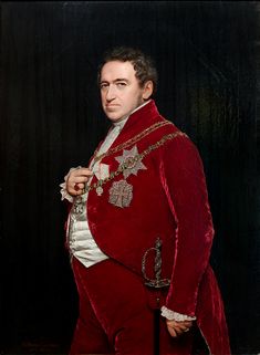 a painting of a man in a red suit