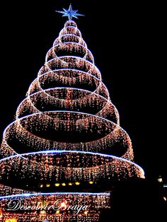 a large christmas tree is lit up in the night sky with lights on it's sides