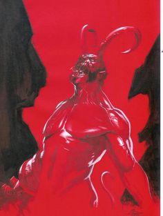 a red and black drawing of a demon in front of two other demonic looking figures