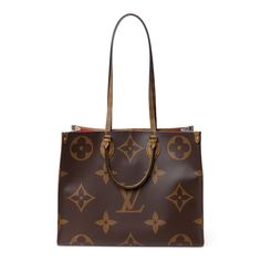 This is an authentic LOUIS VUITTON Reverse Monogram Giant Onthego GM. This tote features oversized and classic versions of the Louis Vuitton monogram printed in light and dark brown on coated canvas. The bag features rolled top handles and long shoulder straps that can be tucked away inside the bag, accented with polished gold-toned hardware. The top is open to a red fabric interior with zipper and patch pockets. Louis Vuitton Monogram Bag, Louis Vuitton Neverfull Monogram, Monogram Neverfull, Neverfull Mm Monogram, Louis Vuitton Totes, Louis Vuitton Empreinte, Louis Vuitton Damier Azur, Monogram Bag, Louis Vuitton Damier Ebene