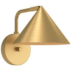 a wall light with a gold shade on the side and a metal arm that is attached to it