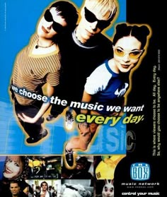 an advertisement for the music we want every day album, featuring two young men and one woman