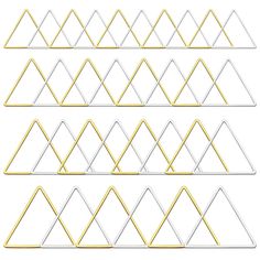 four white and gold shelfs with different shapes on them, each one has a triangular shape