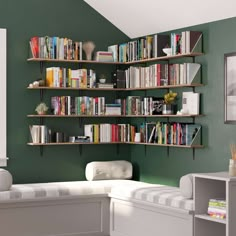 a living room with green walls and bookshelves full of books on the shelves