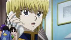 an anime character talking on a cell phone with another person holding a bag in front of him