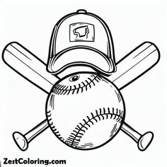 a baseball and bat with the hat on top of it coloring pages for kids, printable