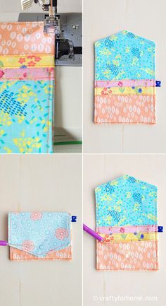 four images show how to sew an envelope