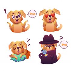 four cartoon dogs with different expressions on their faces, one is holding a magnifying glass and the other has a thought bubble