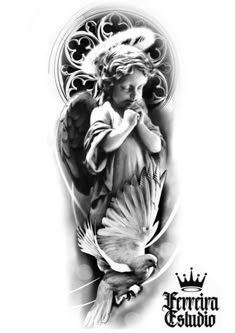 an angel with wings and a crown on it's head is shown in black and white