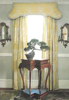 a bonsai tree is sitting on a table in front of a window with yellow drapes