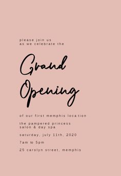 a pink background with the words grand opening in black on it, and an image of a