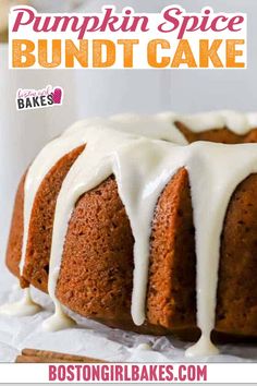 A close-up of a freshly baked pumpkin spice bundt cake drizzled with white icing. The cake is set on crumpled parchment paper with cinnamon sticks beside it. Blurred in the background, there is a white mug holding wooden utensils and a metal sifter—a perfect easy dessert for Fall. Pumpkin Spice Bundt Cake, Spice Bundt Cake, Pumpkin Bundt Cake Recipes, Healthy Pumpkin Dessert, Pumpkin Bundt, Easy Pumpkin Dessert, Pumpkin Bundt Cake, Bundt Cake Recipe, Cream Cheese Glaze