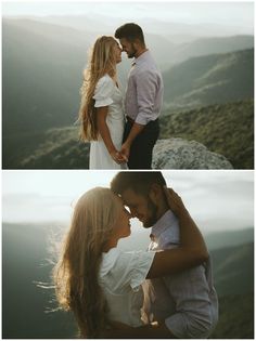 two photos of a man and woman kissing on top of a mountain