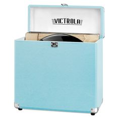 a blue record player with its lid open and records in it's storage compartment