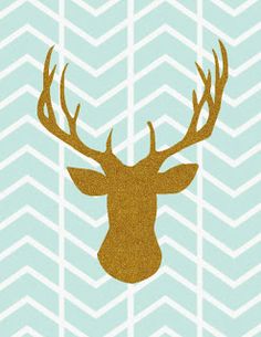 a deer's head on a blue and white chevron background with gold glitter