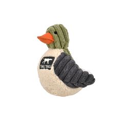 a toy duck with a knitted hat on it's head is shown in front of a white background