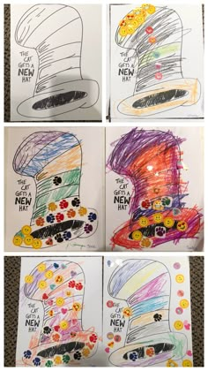 four different pictures of hats with the words new hat written on them and colored crayons