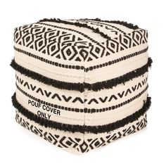 three black and white pillows stacked on top of each other with the words pouf cover