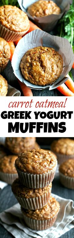 carrot oatmeal greek yogurt muffins stacked on top of each other