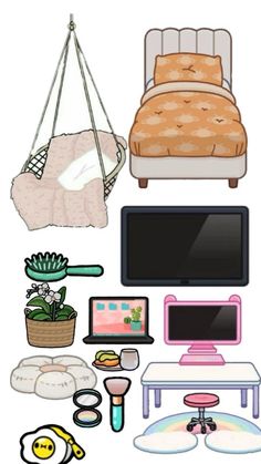 an assortment of items that include a bed, tv and other things to make it look like