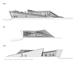 three drawings of different types of buildings in black and white, each with an angled roof