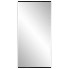 a rectangular mirror with a black frame on the front and bottom part of it, against a white background